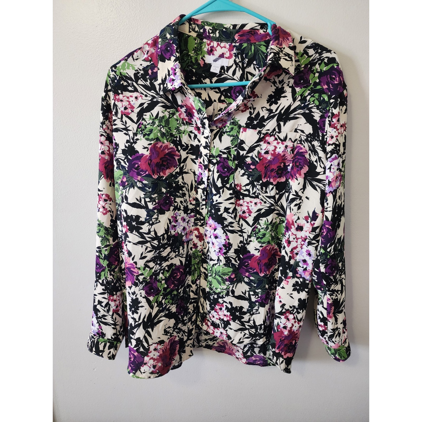 J. Hill Floral Button-Down Blouse Purple Green Ivory Size 4 Petite